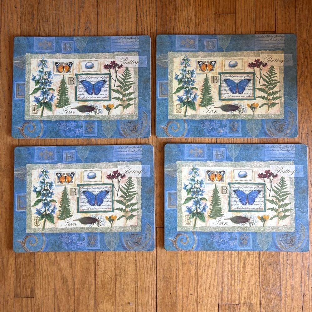 Set of 4 Pimpernel Butterfly Fern Floral Blue Green Cork Back Placemats